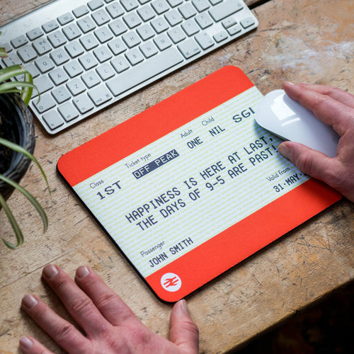 personalised retirement gift of a mouse mat that looks like a train ticket