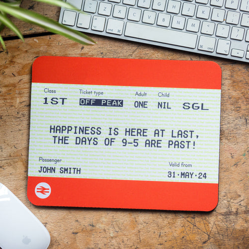 personalised mouse mat designed to look like a train ticket with retirement message