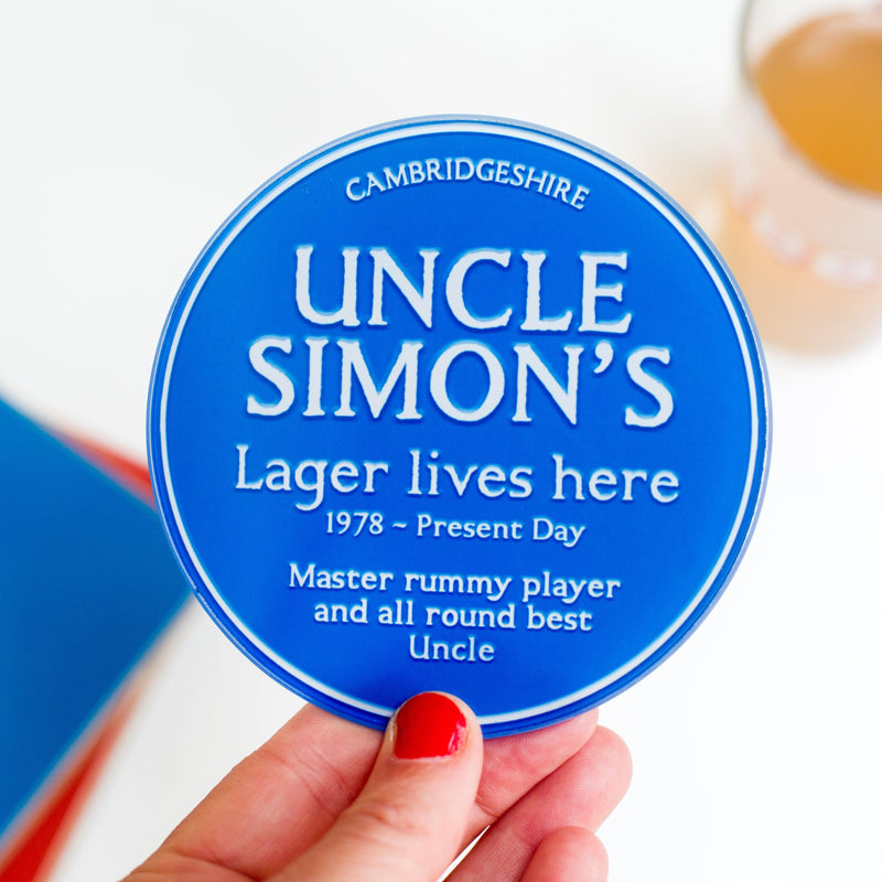 personalised coaster for uncle with english heritage blue plaque