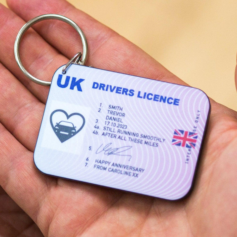 Personalised anniversary keychain designed to look like a UK drivers licence