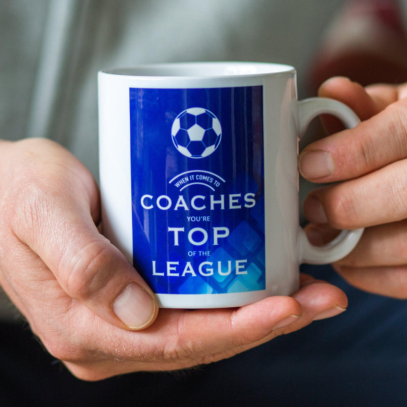 mug with football motif and the words 'when it comes to coaches, you're top of the league'