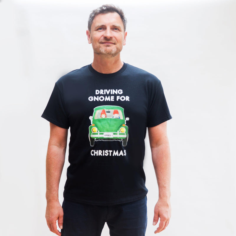 Christmas T-shirt for men with illustration of a gnome driving a car