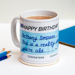 personalised mug designed to look like a cheque with a funny pun and personalised details