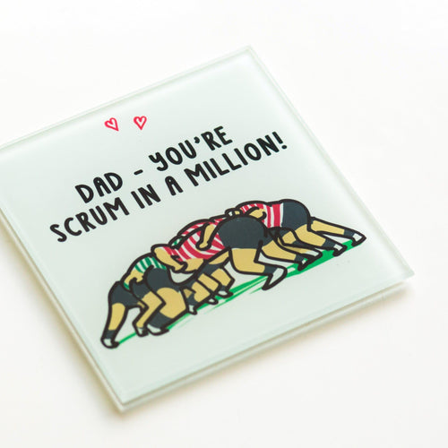 A coaster gift for Dad with a rugby illustration and pun