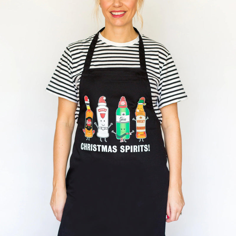 Funny christmas apron with illustrations of alcohol bottles