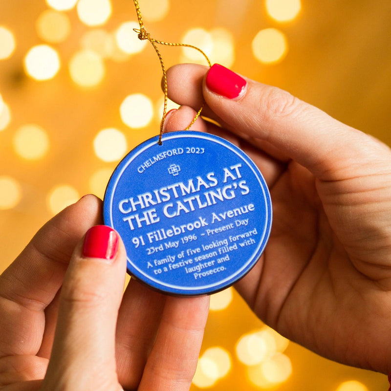 personalised christmas decoration with english heritage blue plaque