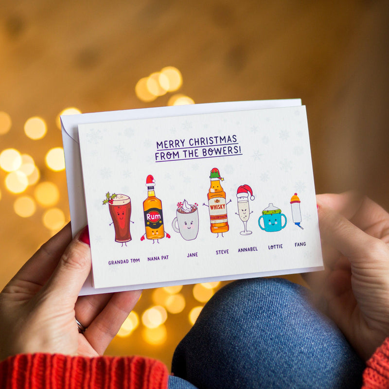 personalised christmas cards with a family depicted with illustrations of their favourite drinks