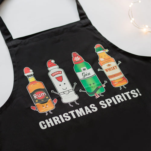 Christmas apron with boozy pun and illustrations
