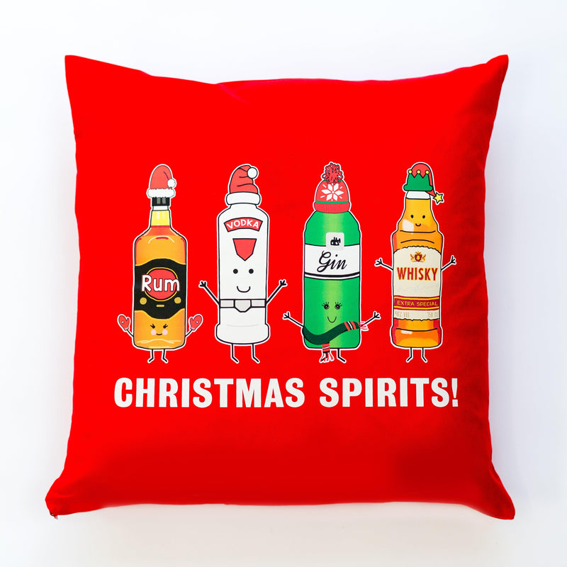 Christmas cushion with boozy pun and illustrations