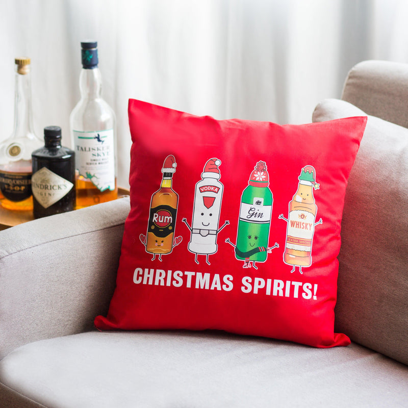 Funny christmas cushion with illustrations of alcohol bottles