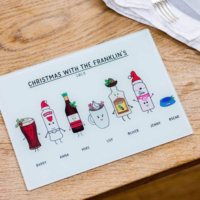 illustrated drinks on a glass chopping board
