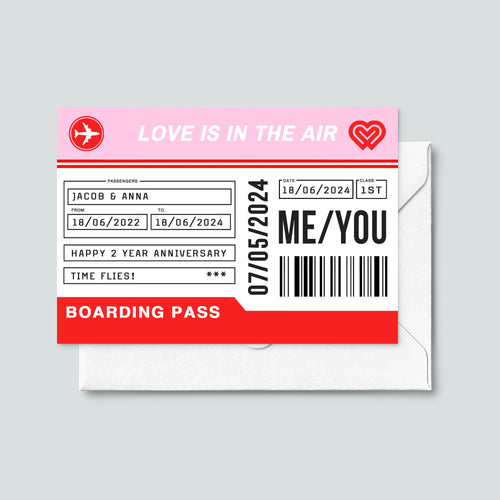 Personalised anniversary card designed to look like a boarding pass