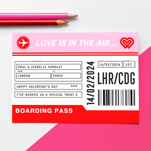 Personalised Valentine's card designed to look like a departures board with details of the couple
