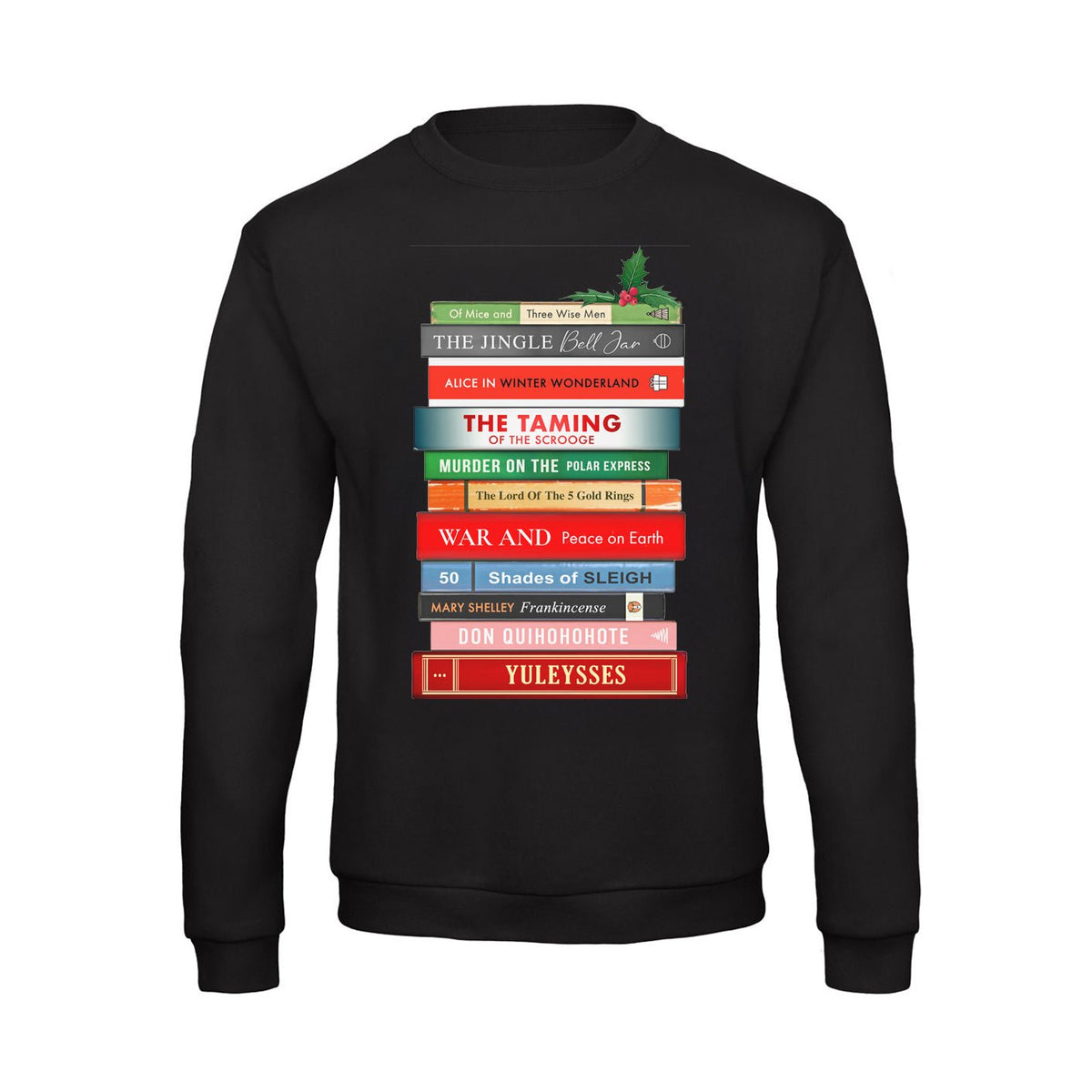 Black sweatshirt with christmas book stack design on a white background