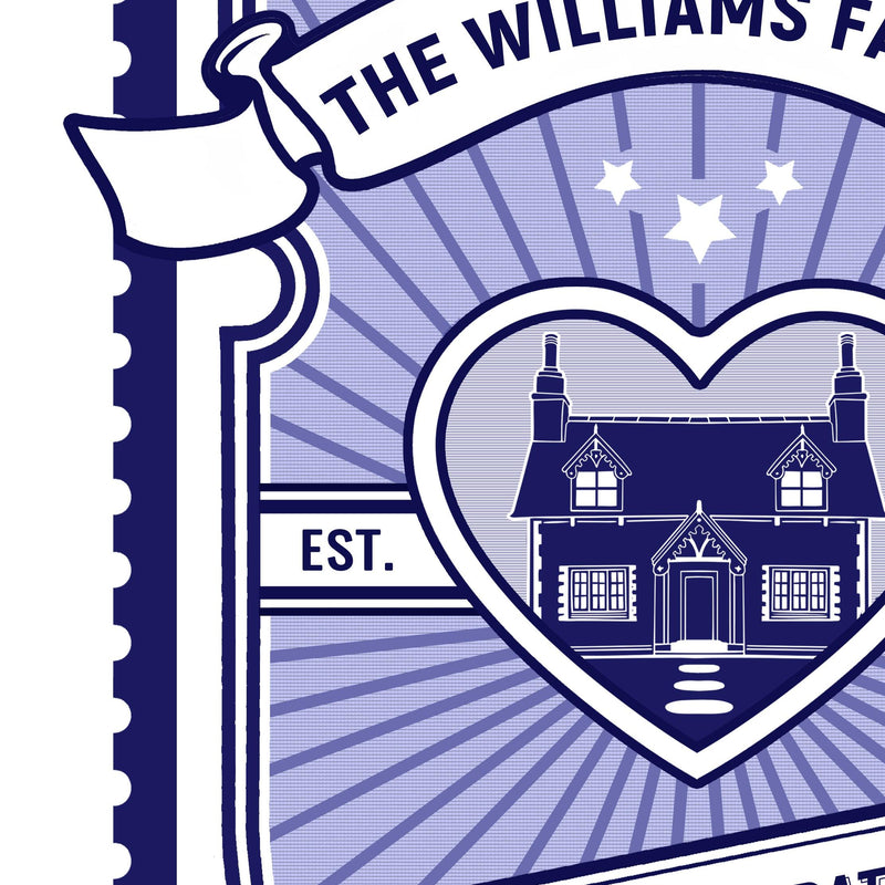 Personalised print for a family featuring blue graphics and phrase