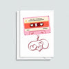 Custom engagement card with an illustration of a mix tape along with the names of the bride and groom