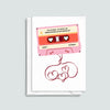 Custom wedding card with an illustration of a mix tape along with the names of the bride and groom