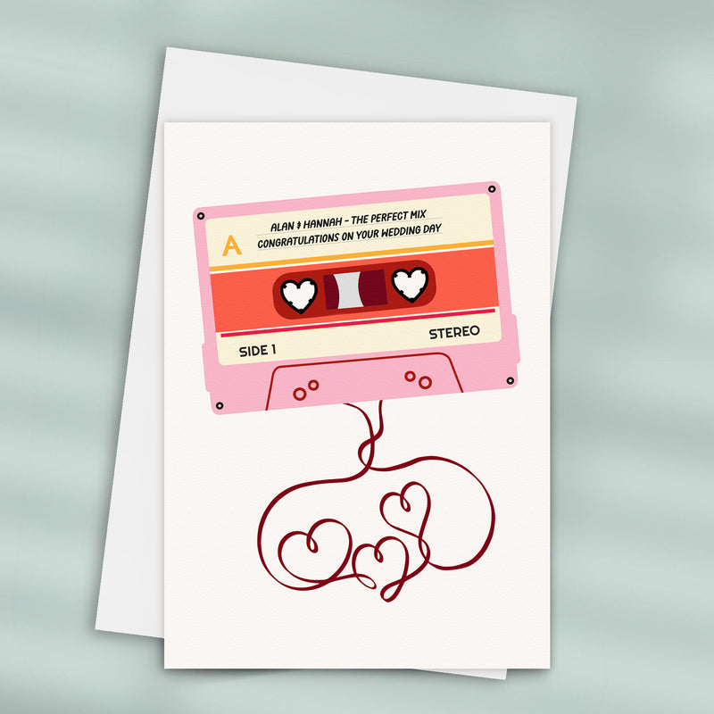 Mix tape themed personalised wedding card