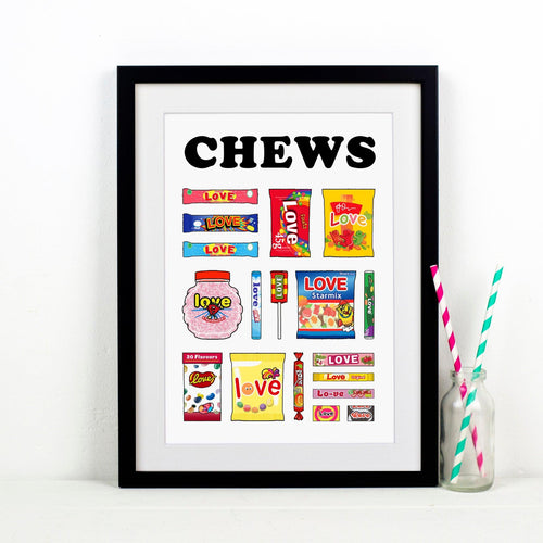 Choose love print featuring illustrations of chew sweets and the pun chews love