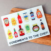 Chopping board featuring illustrations of various condiments and a funny pun
