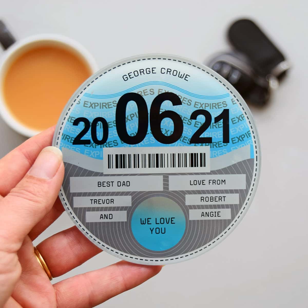 personalised tax disc coaster advertising the gifts for dad section on the website oflifeandlemons.co.uk