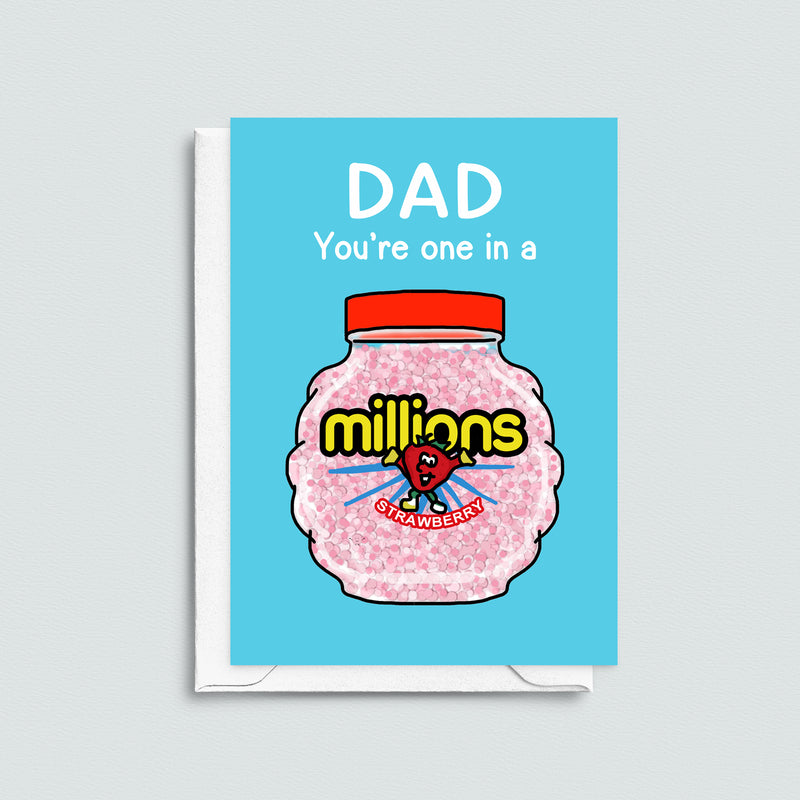 Card for Dad featuring an illustration of a jar of Millions sweets and a funny pun