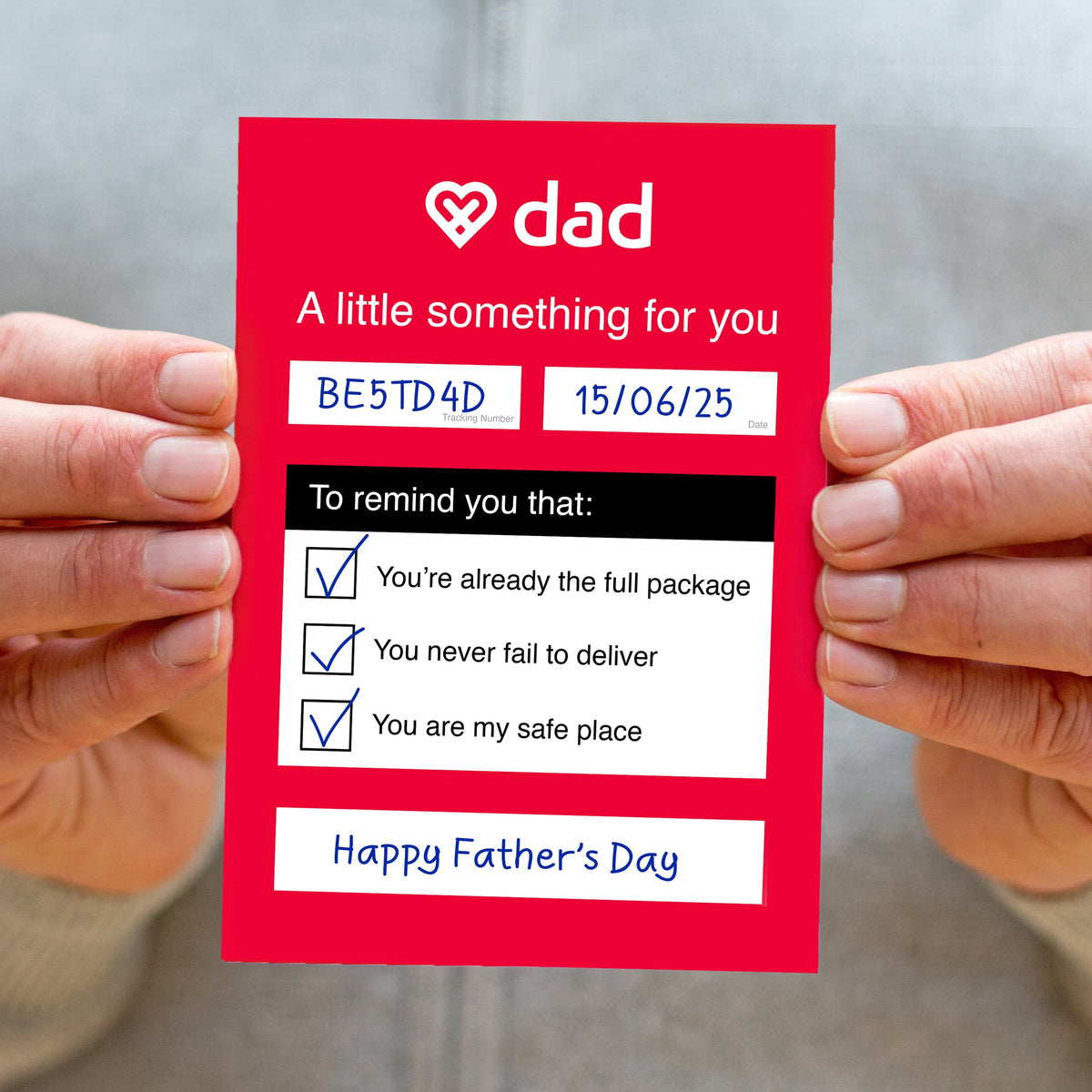 father's day card based on a DPD calling card which instead says DAD and has puns and word play round deliveries.