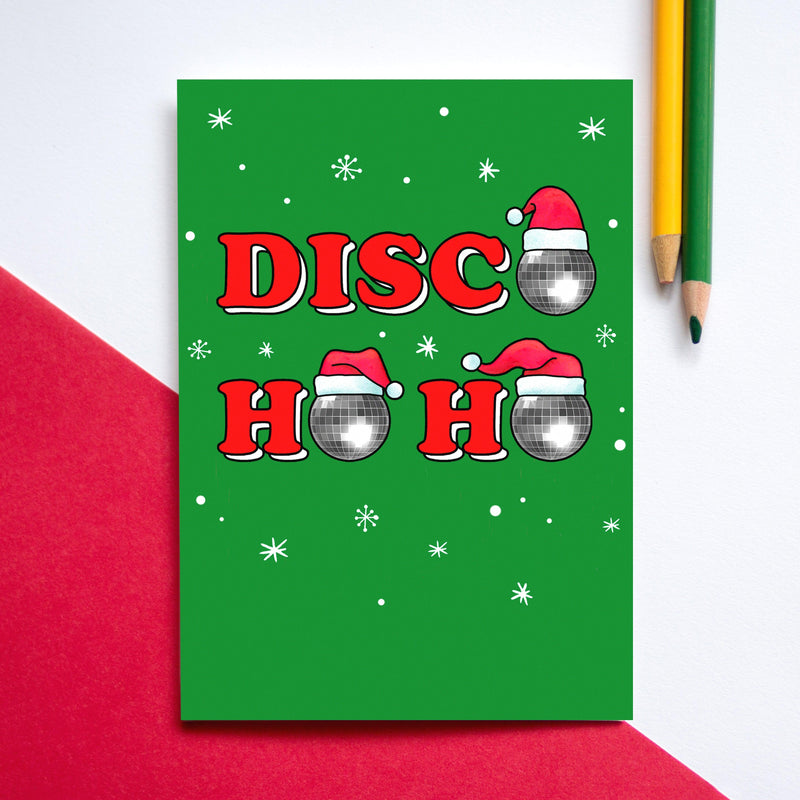 christmas card with disco ball illustration and disco pun