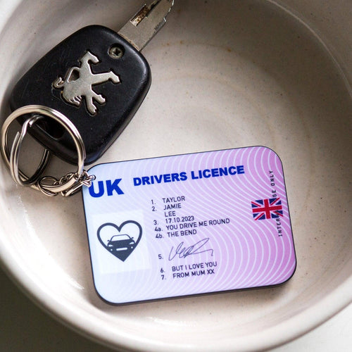 personalised keychain designed to look like a uk driving licence