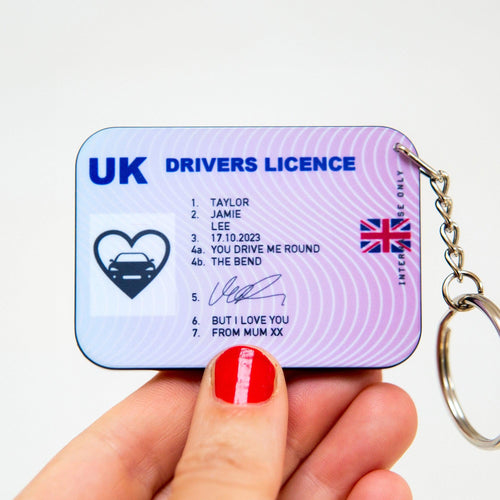 keyring that can be customised with personal details on a uk drivers licence 