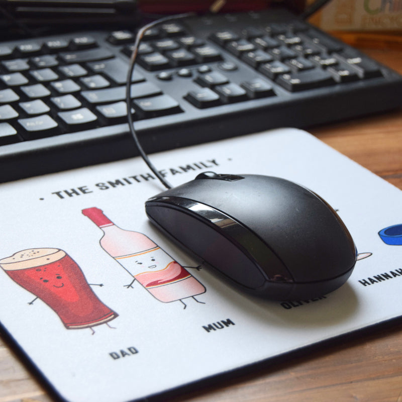 Personalised mouse mat with illustrations of a family represented by their favourite drinks
