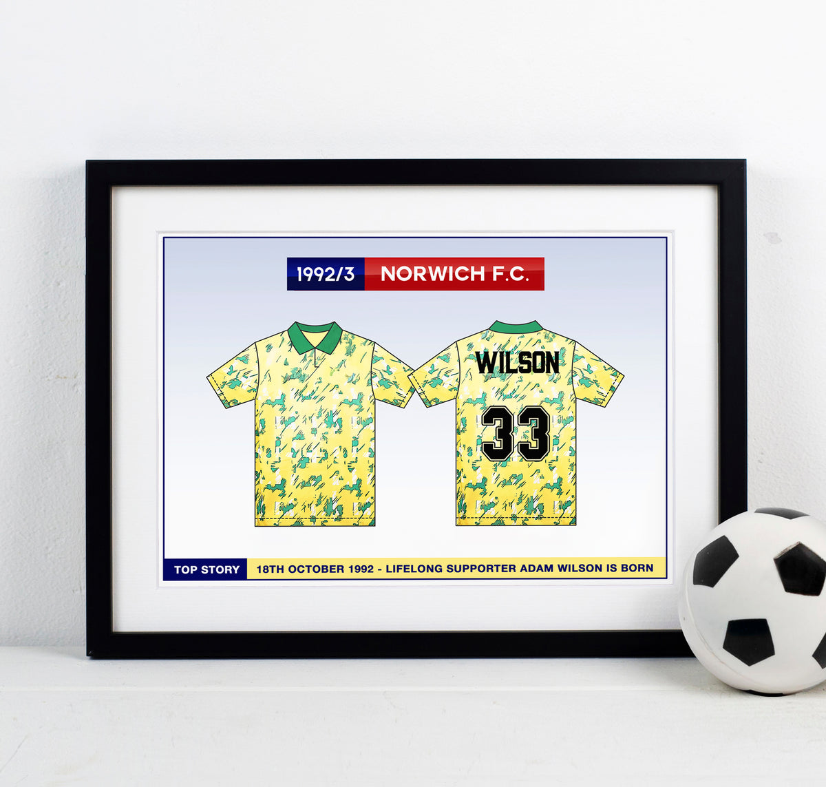 A custom football shirt print personalised with name and number and shirt from era of your choice
