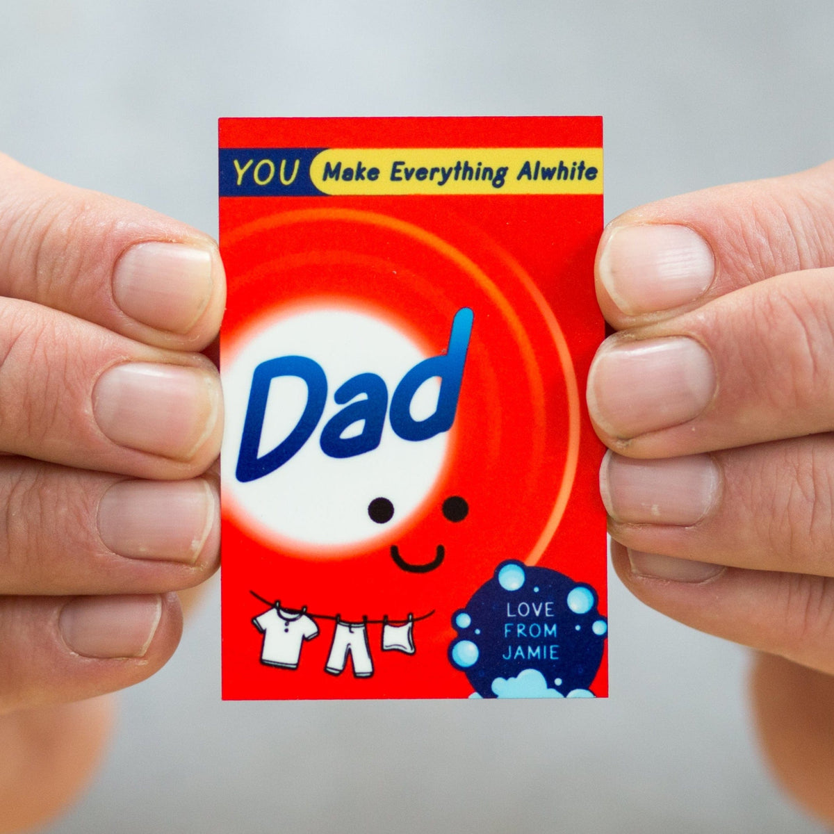 a humorous pun filled fridge magnet for dad