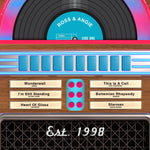 Jukebox poster featuring colourful jukebox and personalised with songs