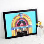 Graphic jukebox print featuring family members favourite songs