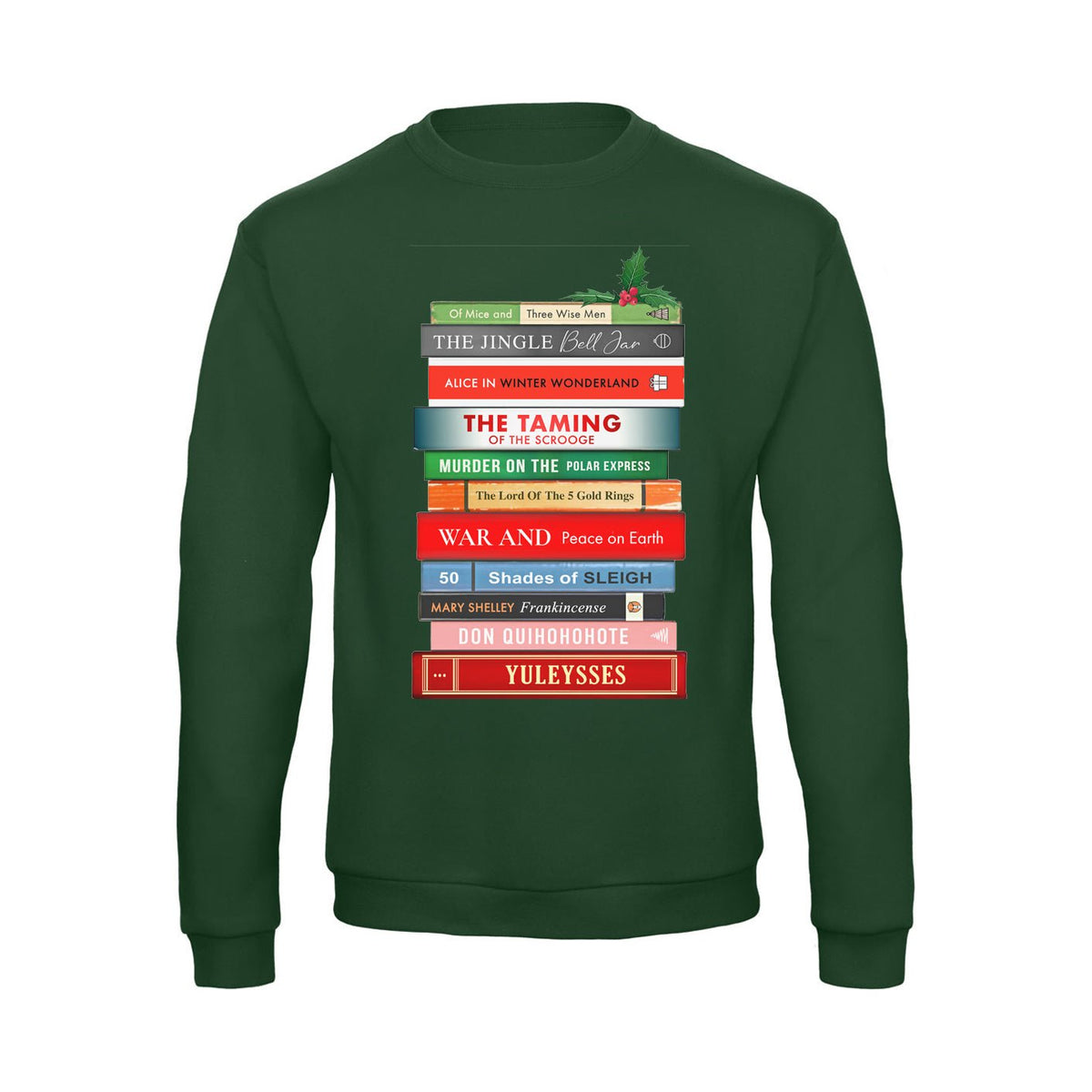 Green christmas sweatshirt with book stack design on a white background
