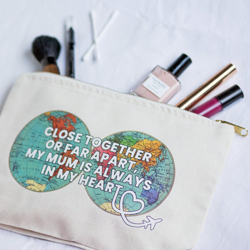 cosmetic bag for mum with image of a world map and quote about mum