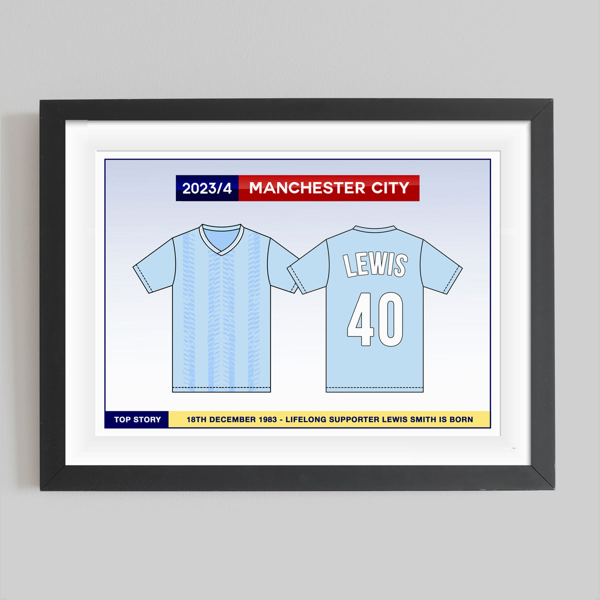 a personalised print that features a football shirt from the season of your birth and customised with name and year