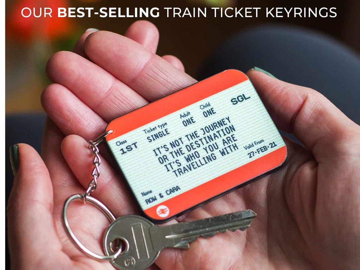 personalised train ticket keychains by Of Life & Lemons. A personalised keychain for every occasion designed to look like a rail ticket