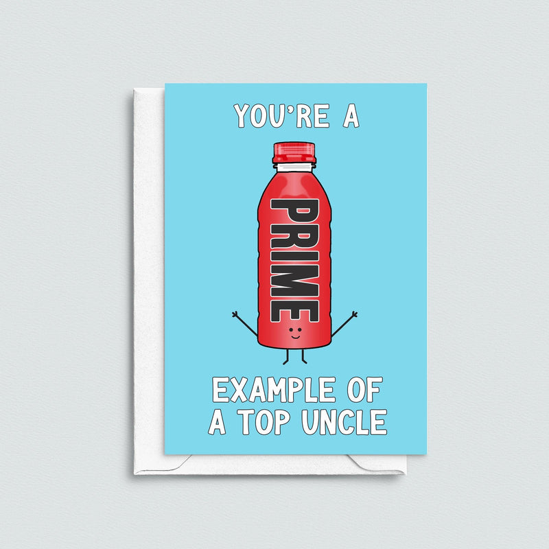 Card featuring an image of a bottle of Prime Hydration and a funny pun