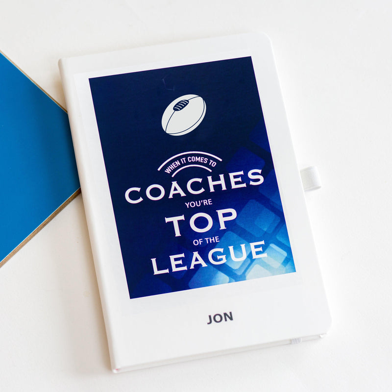thank you gift for rugby coach of a personalised nnotebook with rugby design