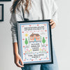 Custom cross stitch sampler print that features personalised family details