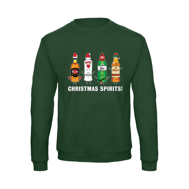 christmas sweatshirt with the words Christmas Spirits and bottle illustrations