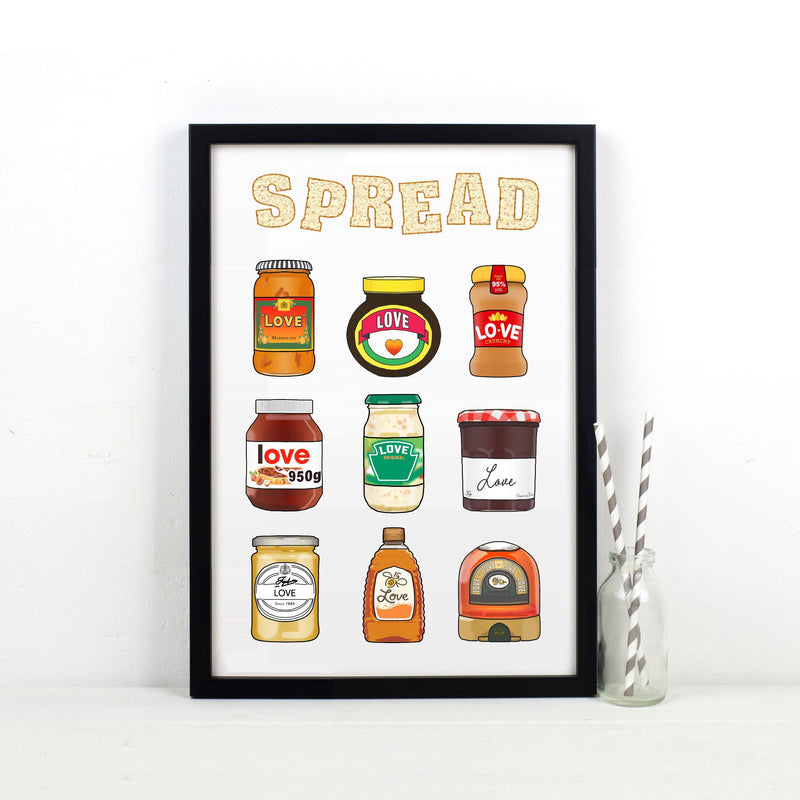 poster with a montage illustration of sandwich spreads with love on the labels
