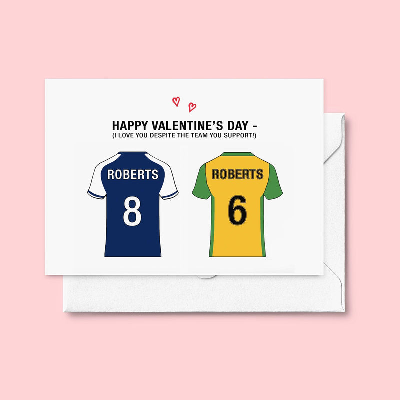 valentine's card customised with football teams colours