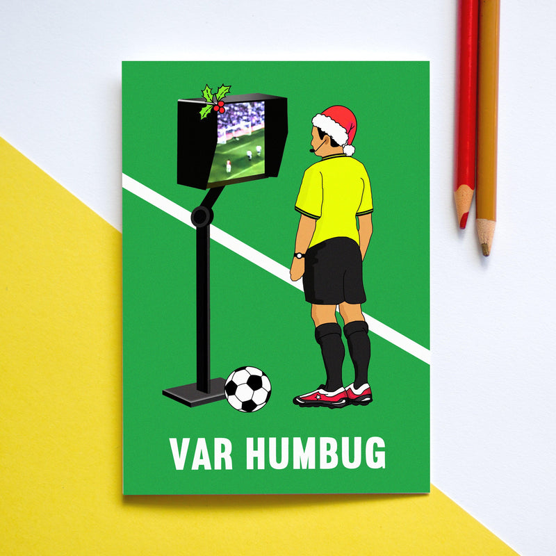 funny football christmas card with illustration of a referee and a pun on bah humbug