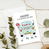 Custom wedding card with illustration of car and tin cans along with couples names
