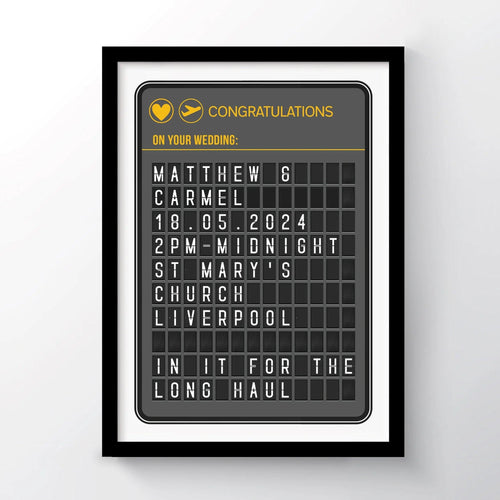 Personalised wedding gift designed to look like a departures board with details of the wedding