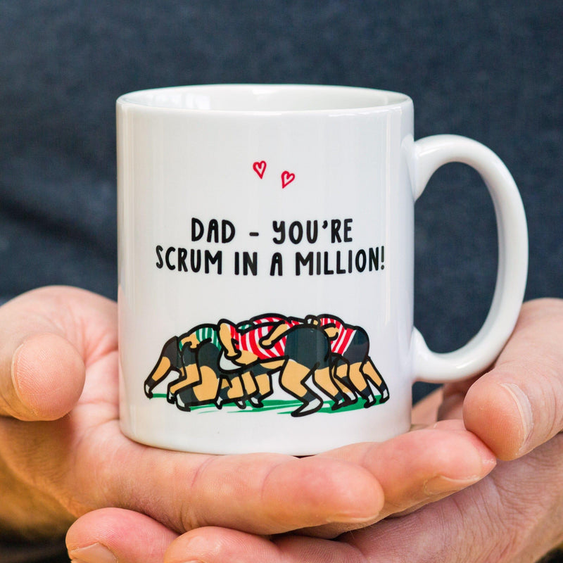 Mug for Dad with rugby illustration and pun