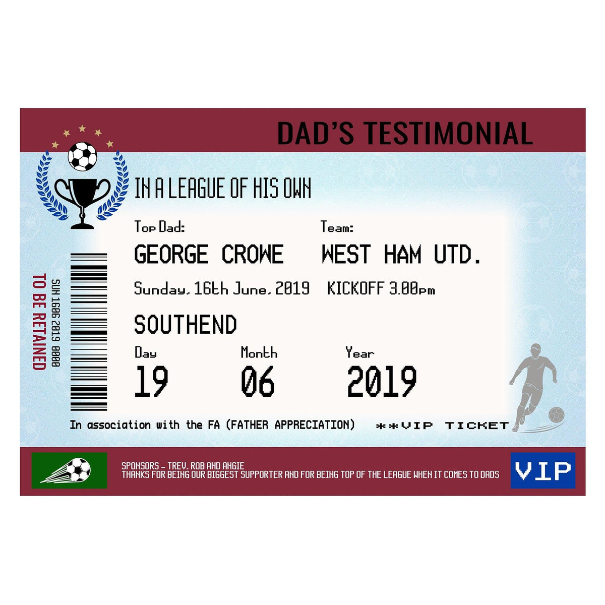 Personalised Football Ticket Print for Dad - Of Life & Lemons®